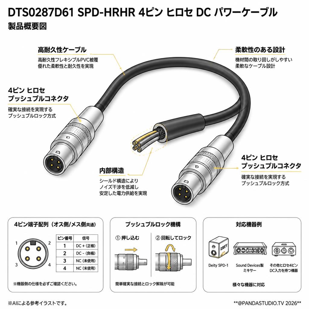 Deity Microphones DTS0287D61 SPD-HRHR 4ピン ヒロセ DC パワーケーブル スペック
