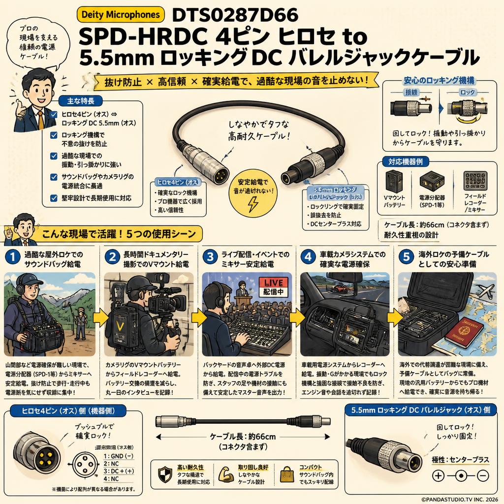 Deity Microphones DTS0287D66 SPD-HRDC 4ピン ヒロセ to 5.5mm ロッキング DC バレルジャックケーブル 用途