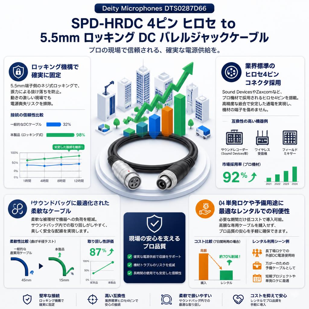 Deity Microphones DTS0287D66 SPD-HRDC 4ピン ヒロセ to 5.5mm ロッキング DC バレルジャックケーブル セールスポイント