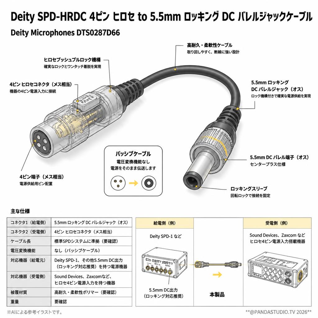 Deity Microphones DTS0287D66 SPD-HRDC 4ピン ヒロセ to 5.5mm ロッキング DC バレルジャックケーブル スペック