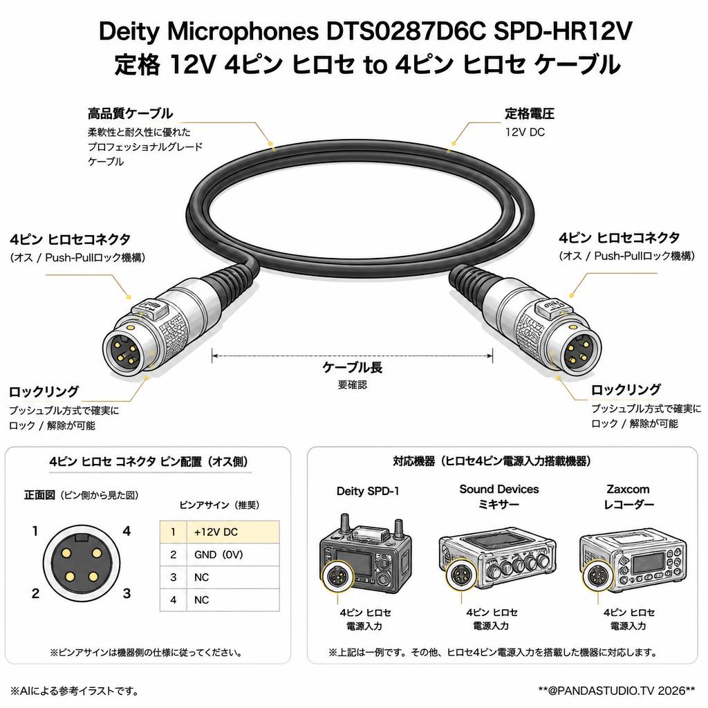 Deity Microphones DTS0287D6C SPD-HR12V 定格 12V 4ピン ヒロセ to 4ピン ヒロセ ケーブル スペック
