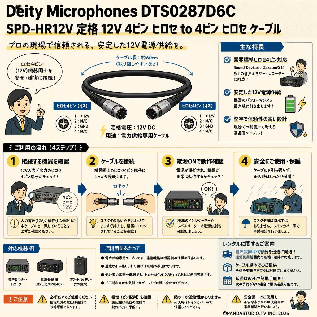 Deity Microphones DTS0287D6C SPD-HR12V 定格 12V 4ピン ヒロセ to 4ピン ヒロセ ケーブル FAQ（よくある質問と答え）