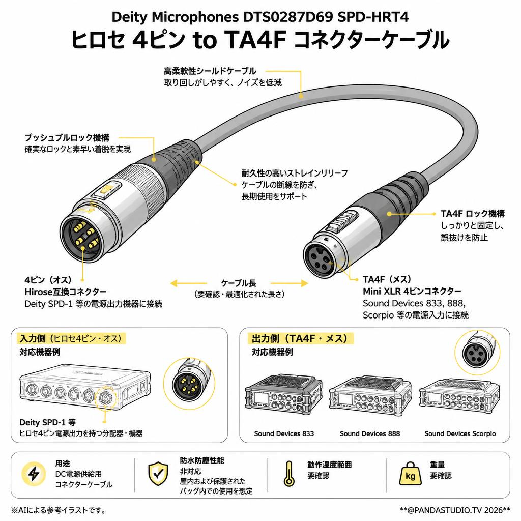 Deity Microphones DTS0287D69 SPD-HRT4 ヒロセ 4ピン to TA4F コネクターケーブル スペック