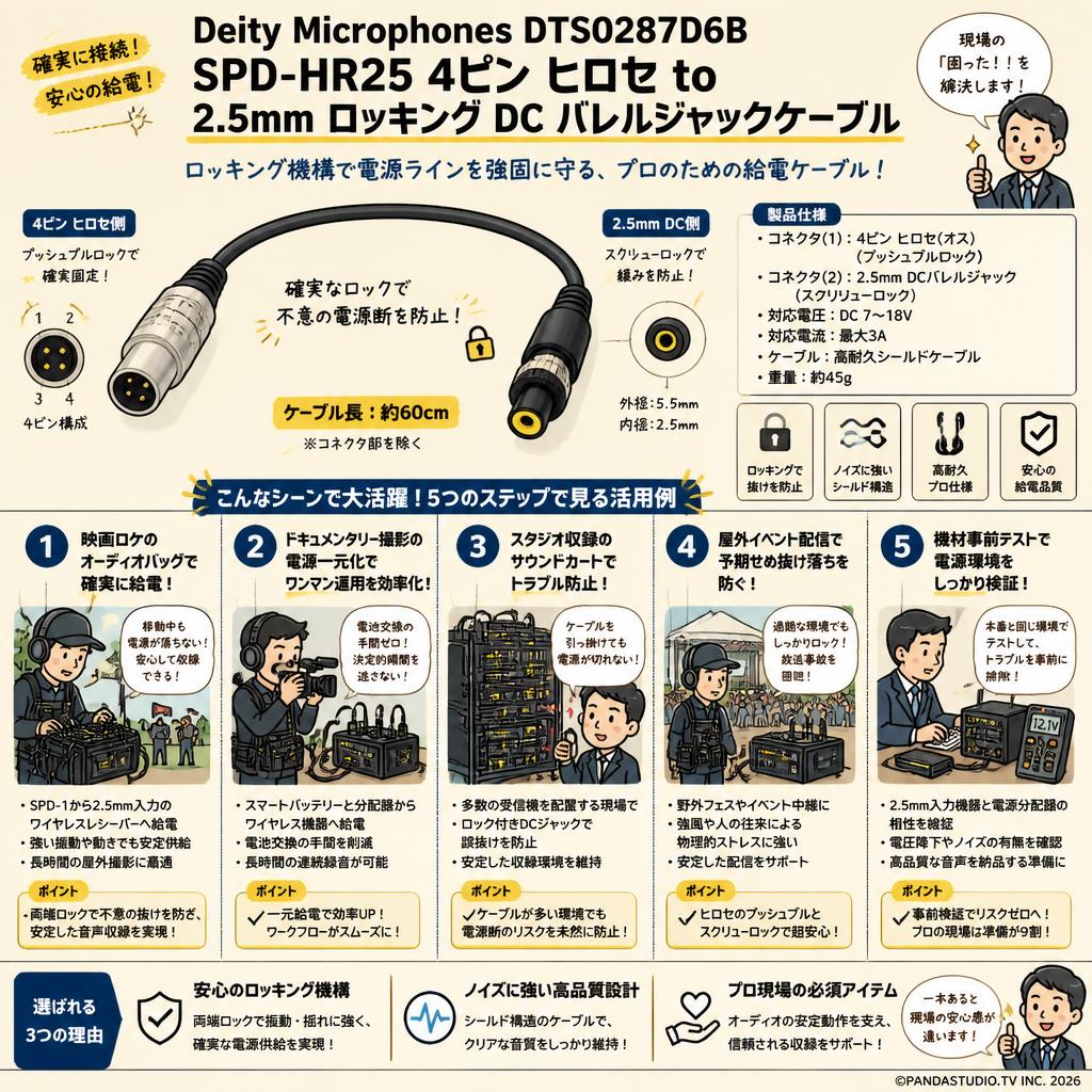 Deity Microphones DTS0287D6B SPD-HR25 4ピン ヒロセ to 2.5mm ロッキング DC バレルジャックケーブル 用途