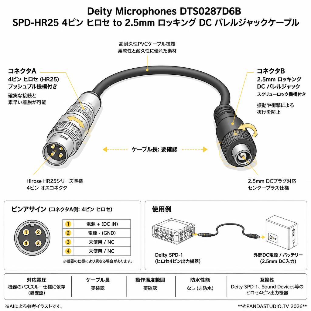 Deity Microphones DTS0287D6B SPD-HR25 4ピン ヒロセ to 2.5mm ロッキング DC バレルジャックケーブル スペック