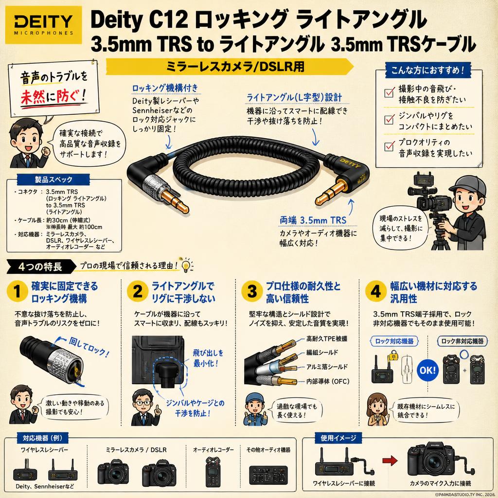 Deity Microphones DTS0158D64 Deity C12 ロッキング ライトアングル 3.5mm TRS to ライトアングル 3.5mm TRSケーブル(ミラーレスカメラ/DSLR用） 概要