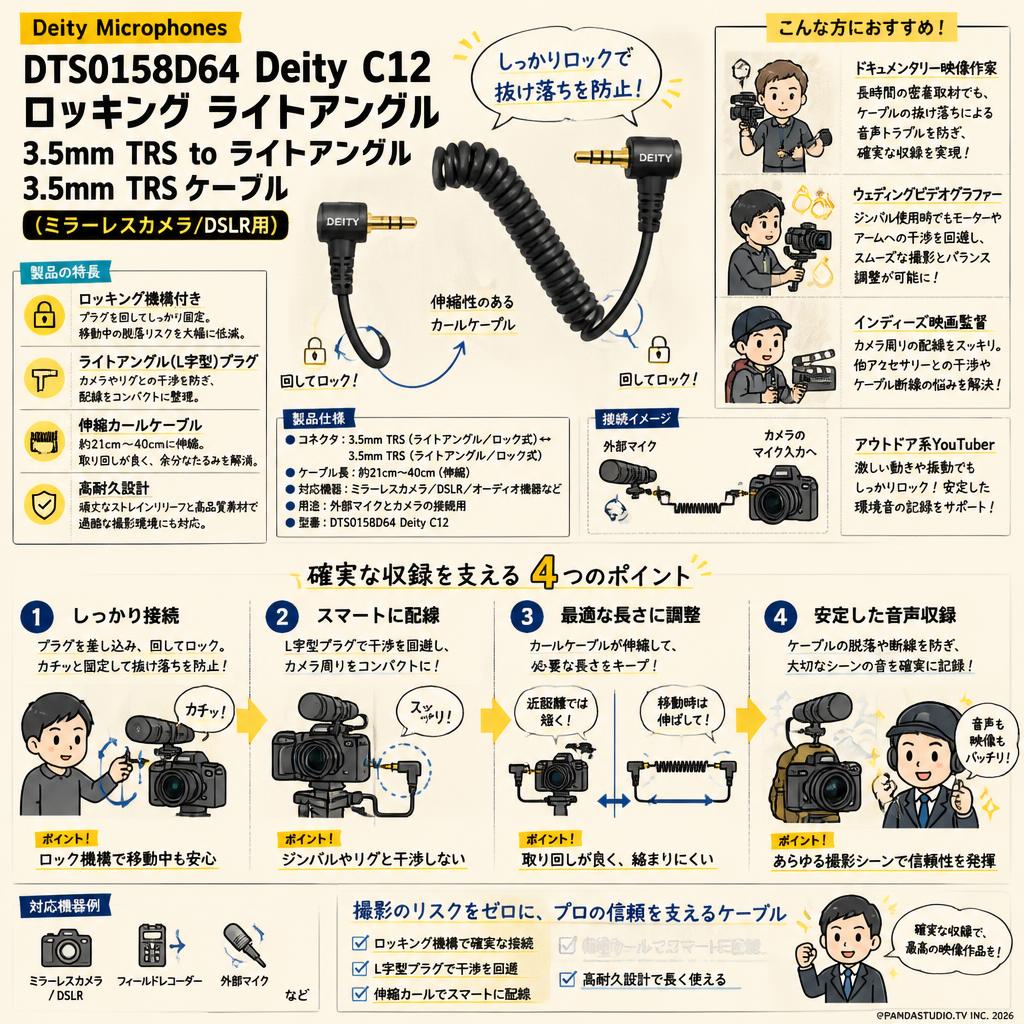Deity Microphones DTS0158D64 Deity C12 ロッキング ライトアングル 3.5mm TRS to ライトアングル 3.5mm TRSケーブル(ミラーレスカメラ/DSLR用） おもな対象のお客様