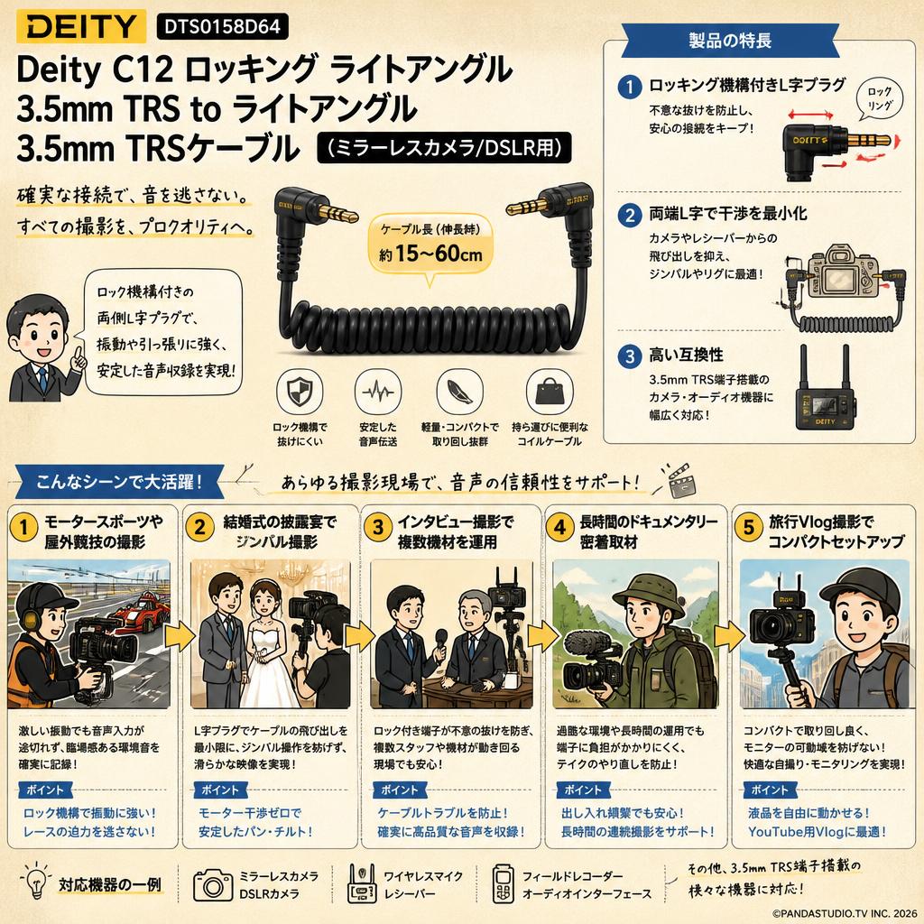 Deity Microphones DTS0158D64 Deity C12 ロッキング ライトアングル 3.5mm TRS to ライトアングル 3.5mm TRSケーブル(ミラーレスカメラ/DSLR用） 用途