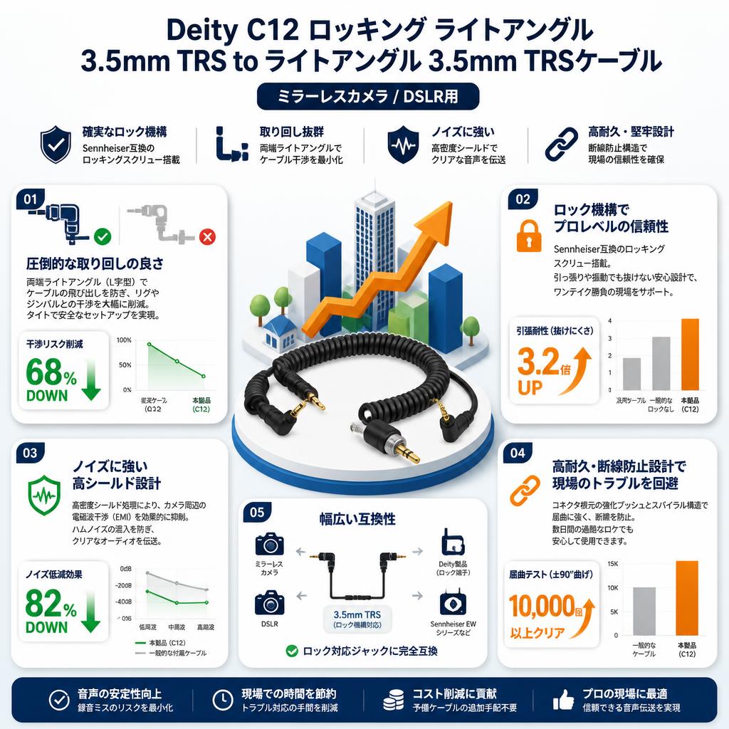 Deity Microphones DTS0158D64 Deity C12 ロッキング ライトアングル 3.5mm TRS to ライトアングル 3.5mm TRSケーブル(ミラーレスカメラ/DSLR用） セールスポイント