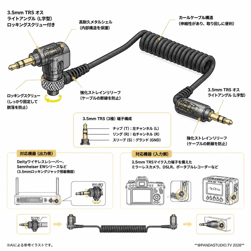Deity Microphones DTS0158D64 Deity C12 ロッキング ライトアングル 3.5mm TRS to ライトアングル 3.5mm TRSケーブル(ミラーレスカメラ/DSLR用） スペック