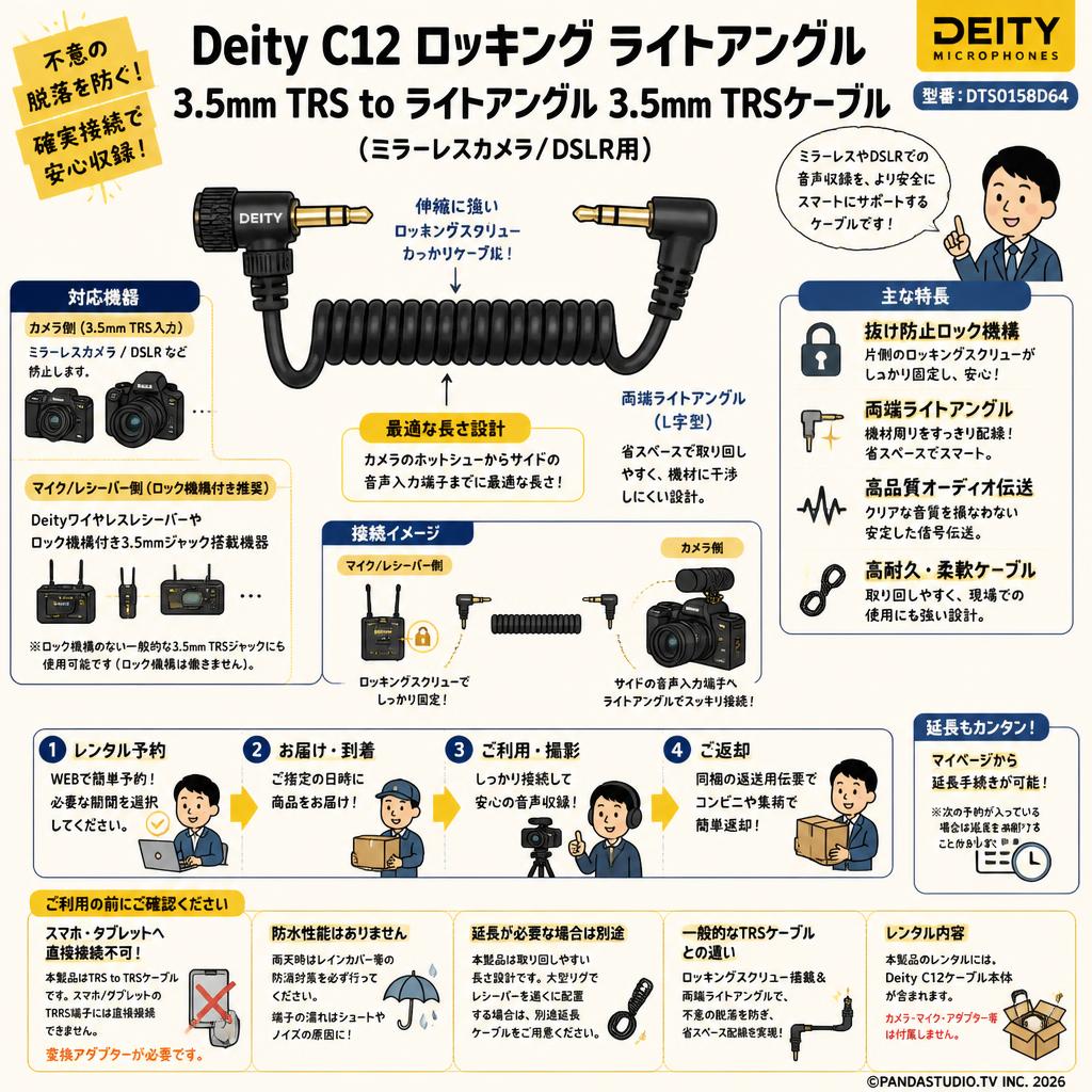 Deity Microphones DTS0158D64 Deity C12 ロッキング ライトアングル 3.5mm TRS to ライトアングル 3.5mm TRSケーブル(ミラーレスカメラ/DSLR用） FAQ（よくある質問と答え）