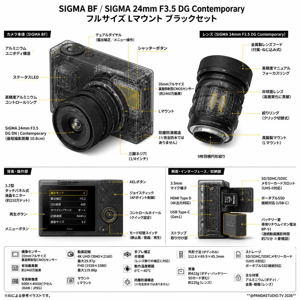 SIGMA BF / SIGMA 24mm F3.5 DG Contemporary フルサイズ Lマウント ブラックセット スペック