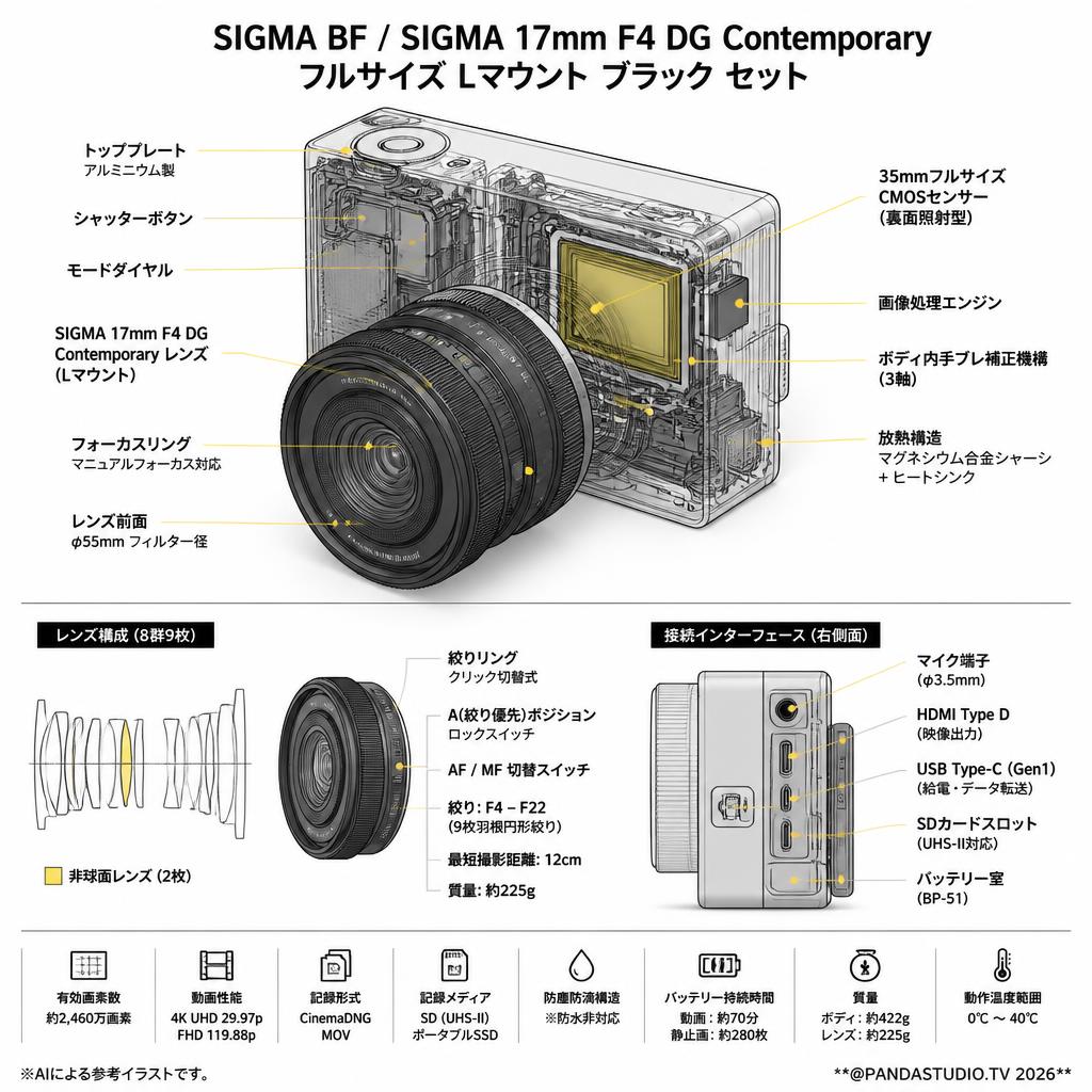 SIGMA BF / SIGMA 17mm F4 DG Contemporary フルサイズ Lマウント ブラック セット スペック