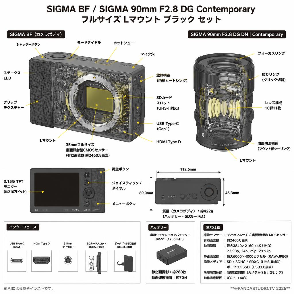 SIGMA BF / SIGMA 90mm F2.8 DG Contemporary フルサイズ Lマウント ブラック セット スペック