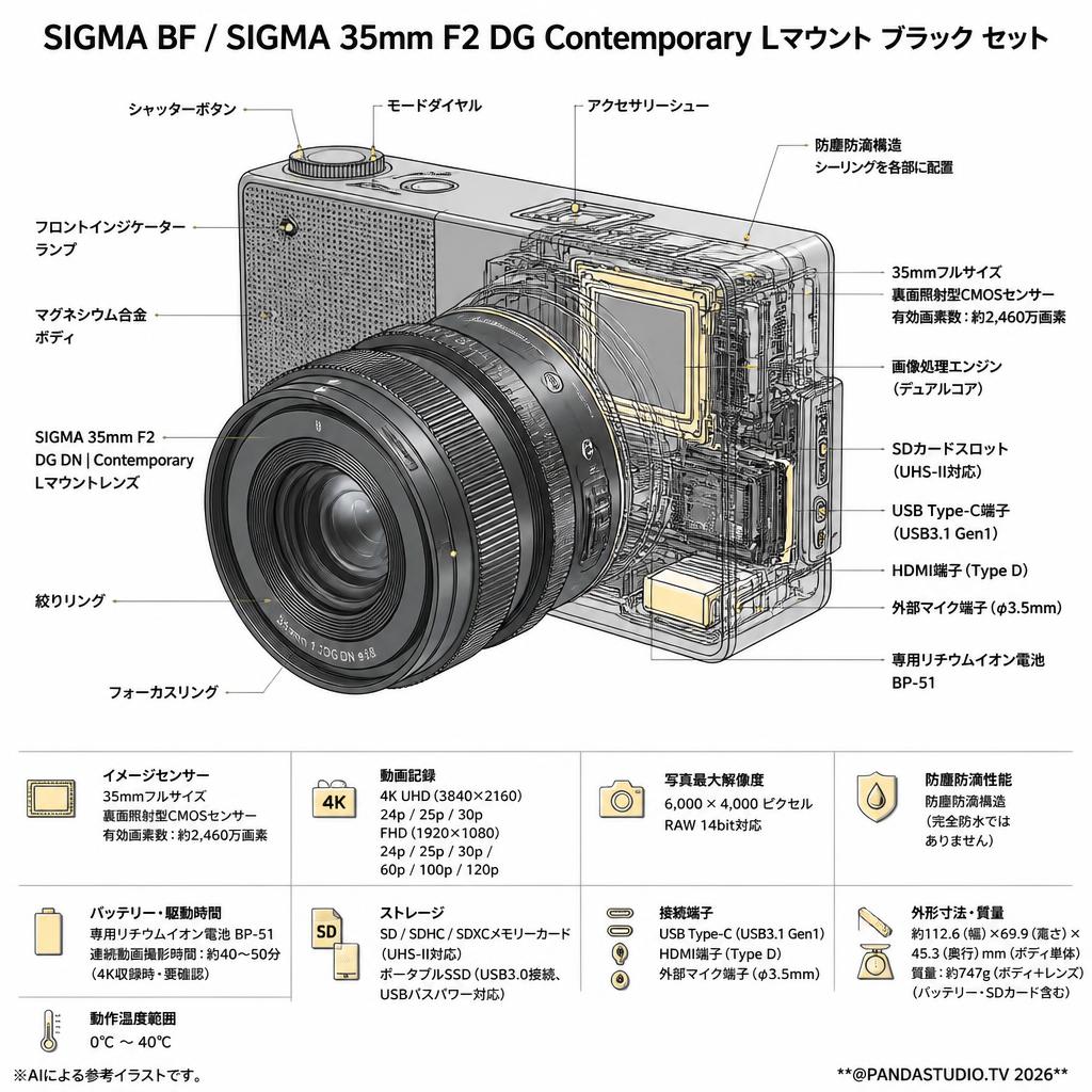 SIGMA BF / SIGMA 35mm F2 DG Contemporary Lマウント ブラック セット スペック