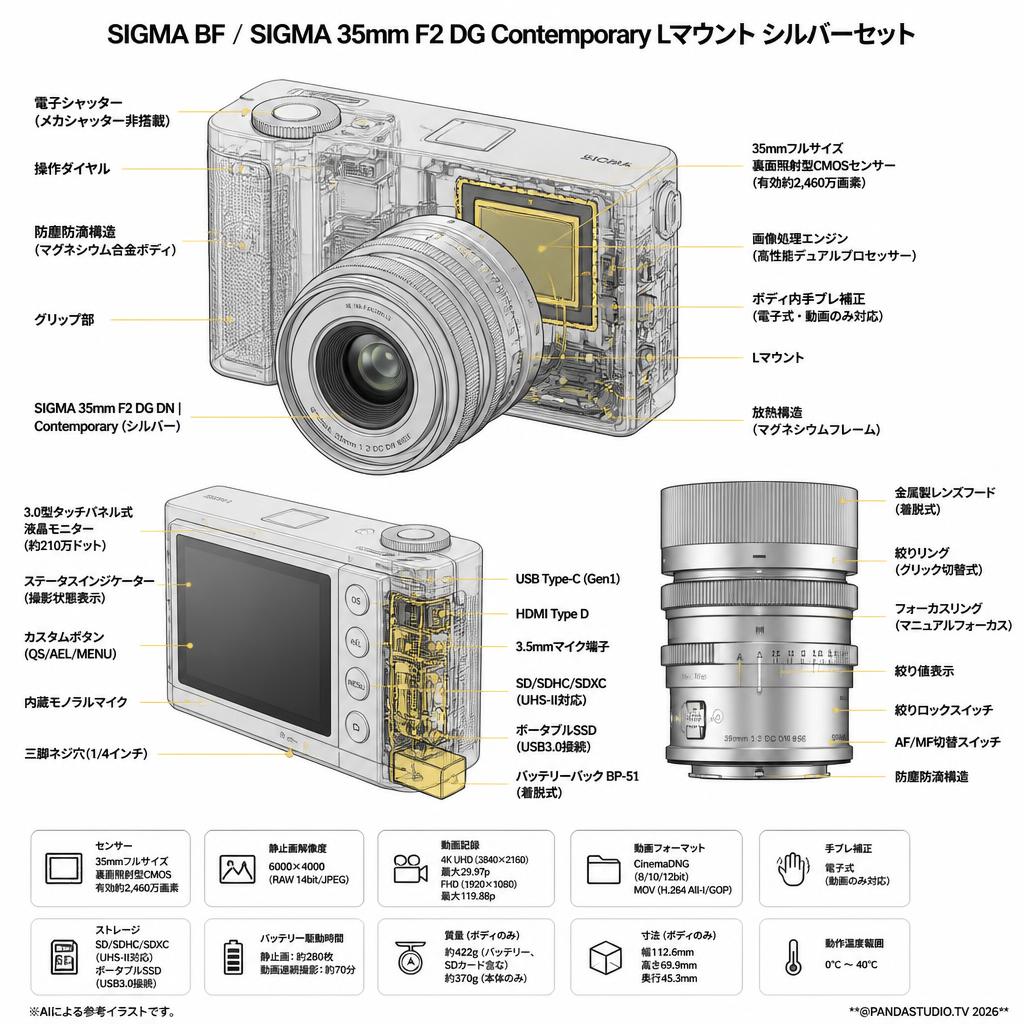 SIGMA BF / SIGMA 35mm F2 DG Contemporary Lマウント シルバーセット スペック