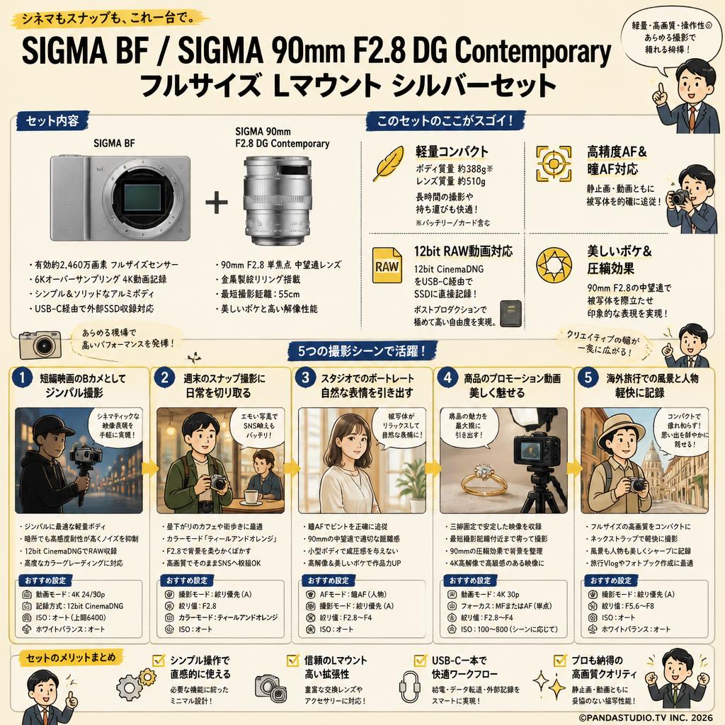 SIGMA BF / SIGMA 90mm F2.8 DG Contemporary フルサイズ Lマウント シルバーセット 用途