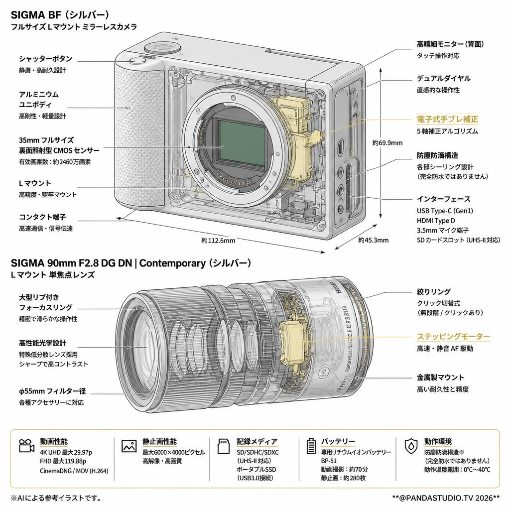 SIGMA BF / SIGMA 90mm F2.8 DG Contemporary フルサイズ Lマウント シルバーセット スペック
