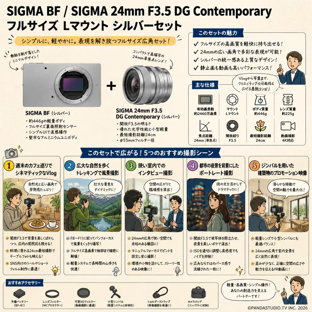 SIGMA BF / SIGMA 24mm F3.5 DG Contemporary フルサイズ Lマウント シルバーセット 用途