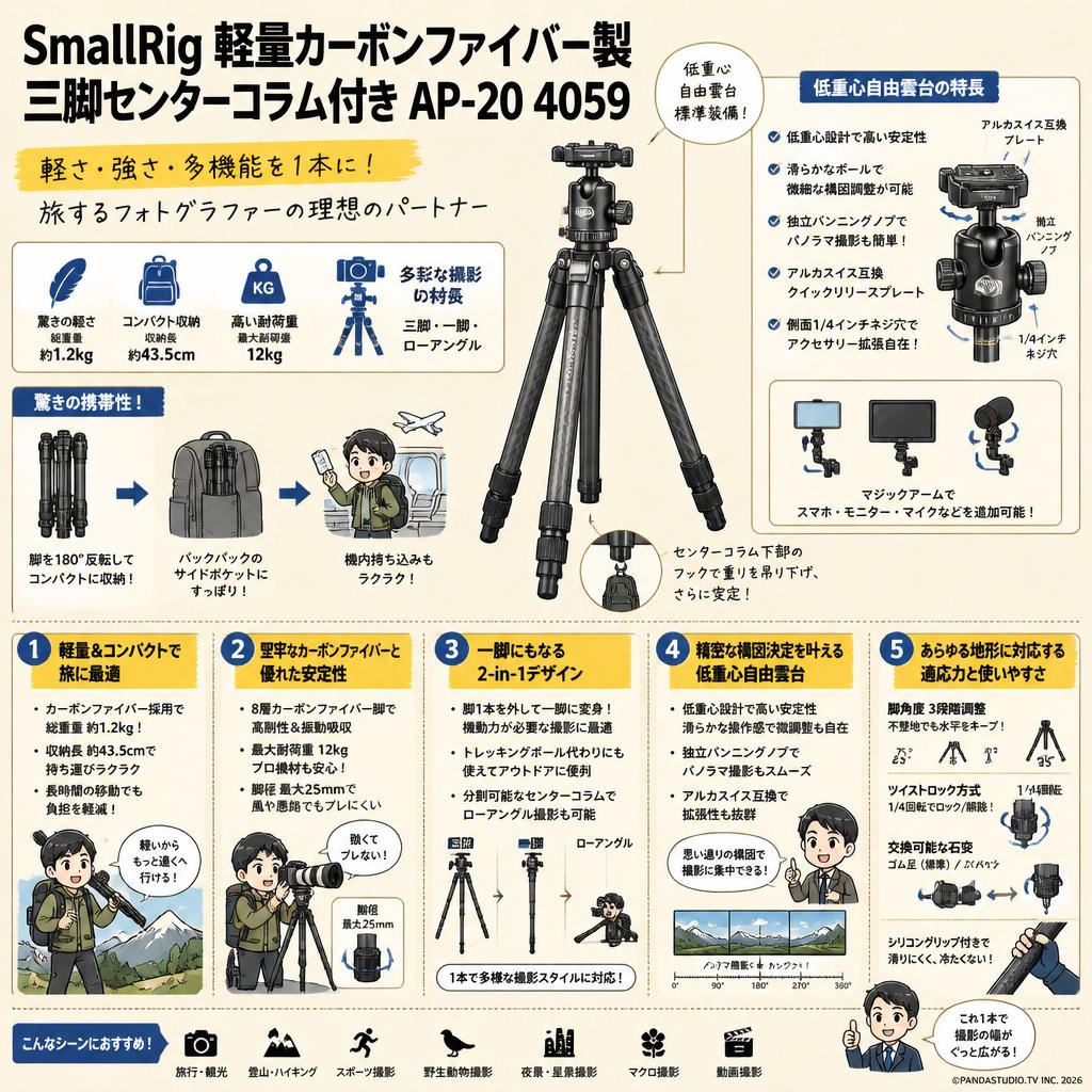 SmallRig 軽量カーボンファイバー製三脚センターコラム付き AP-20 4059 概要