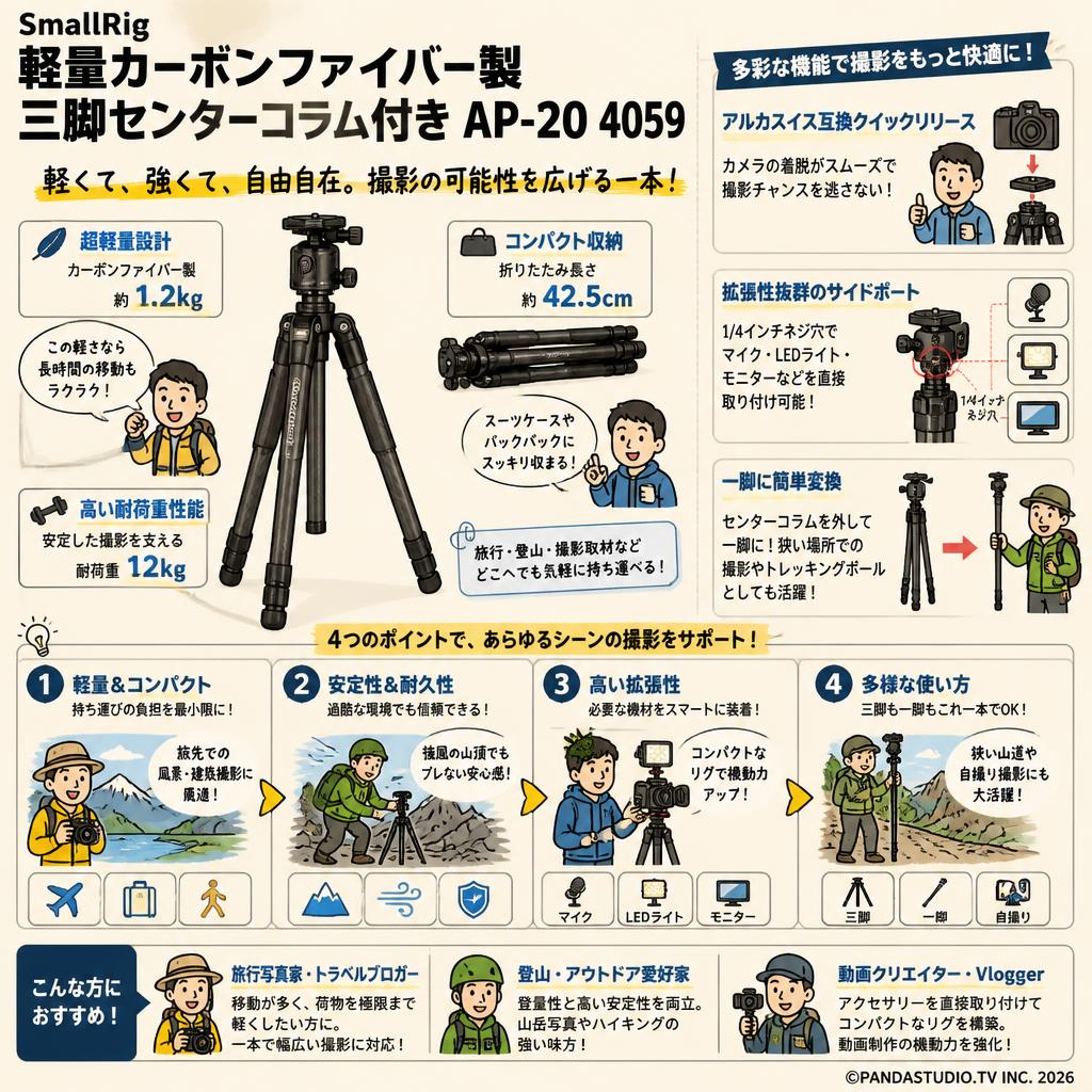 SmallRig 軽量カーボンファイバー製三脚センターコラム付き AP-20 4059 おもな対象のお客様