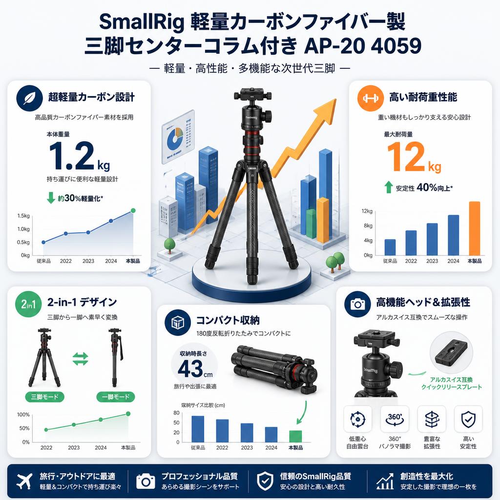 SmallRig 軽量カーボンファイバー製三脚センターコラム付き AP-20 4059 セールスポイント