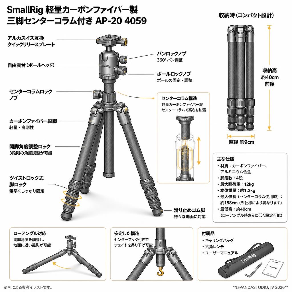 SmallRig 軽量カーボンファイバー製三脚センターコラム付き AP-20 4059 スペック