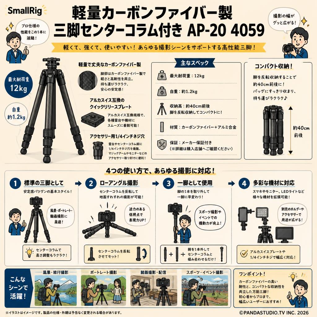 SmallRig 軽量カーボンファイバー製三脚センターコラム付き AP-20 4059 FAQ（よくある質問と答え）