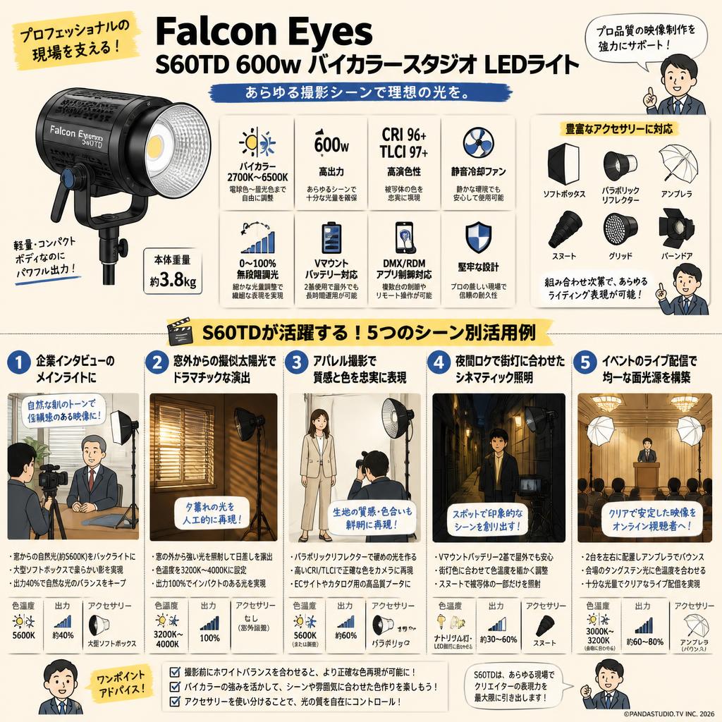 Falcon Eyes S60TD 600w バイカラースタジオ LED ライト【PROKIZAI.COM】 用途