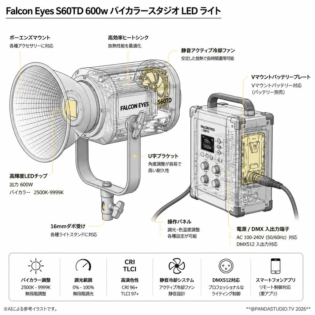 Falcon Eyes S60TD 600w バイカラースタジオ LED ライト【PROKIZAI.COM】 スペック