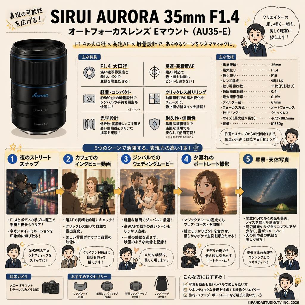 SIRUI AURORA 35mm F1.4 オートフォーカスレンズ Eマウント ( AU35-E ) 用途