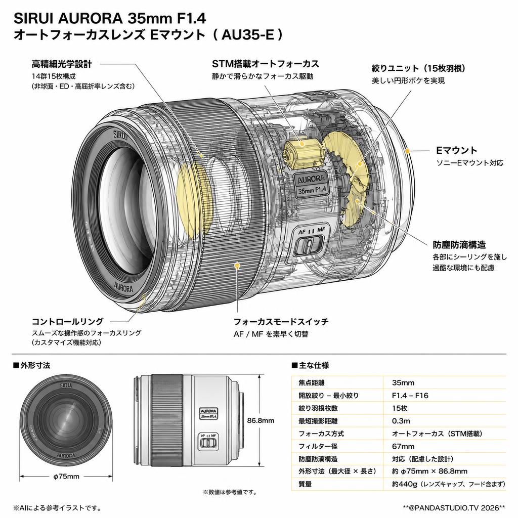 SIRUI AURORA 35mm F1.4 オートフォーカスレンズ Eマウント ( AU35-E ) スペック
