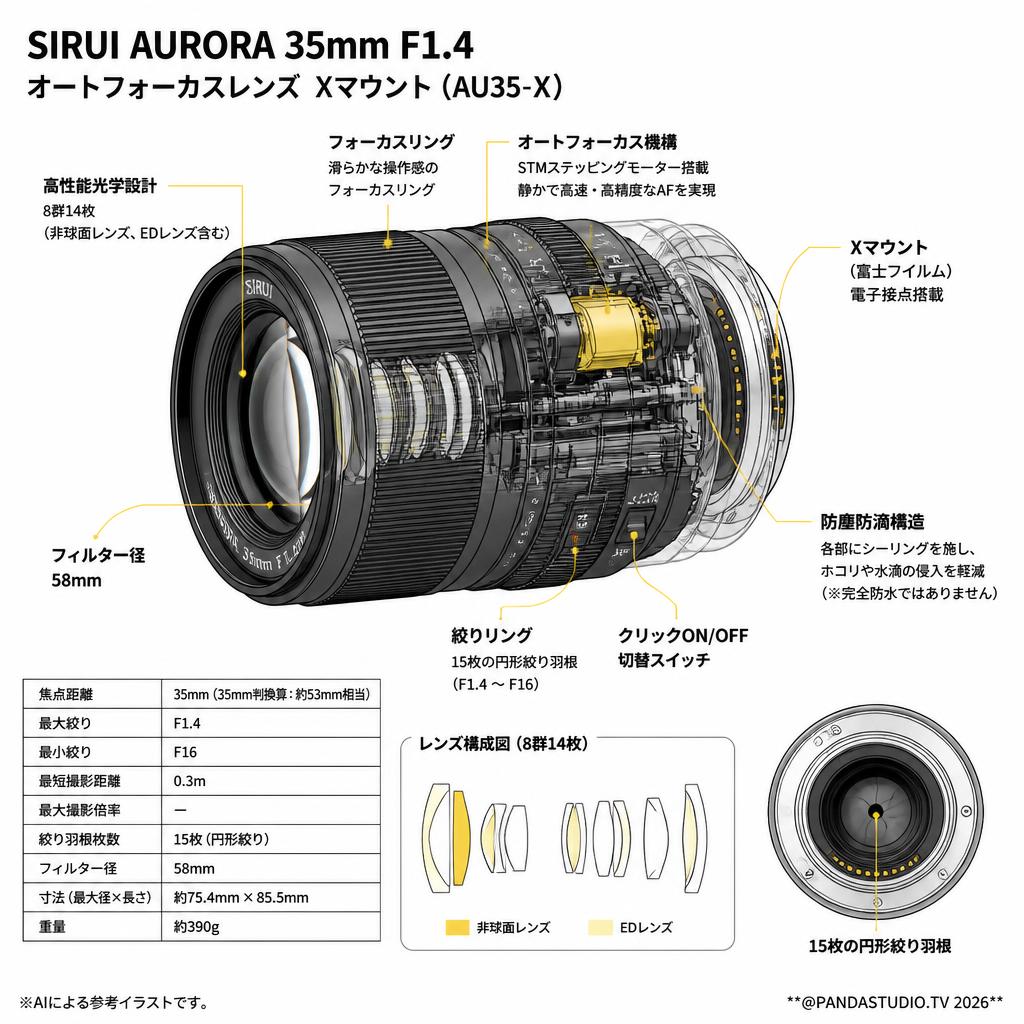 SIRUI AURORA 35mm F1.4 オートフォーカスレンズ  Xマウント ( AU35-X ) スペック