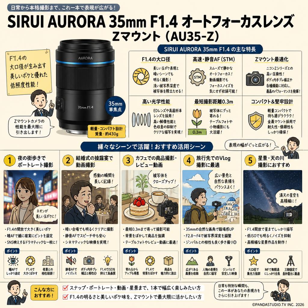 SIRUI AURORA 35mm F1.4 オートフォーカスレンズ Zマウント ( AU35-Z ) 用途
