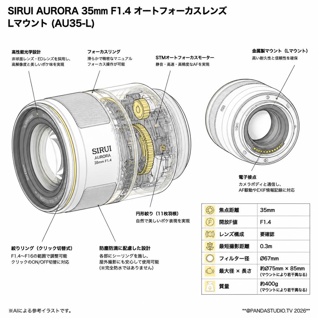 SIRUI AURORA 35mm F1.4 オートフォーカスレンズ  Lマウント ( AU35-L) スペック