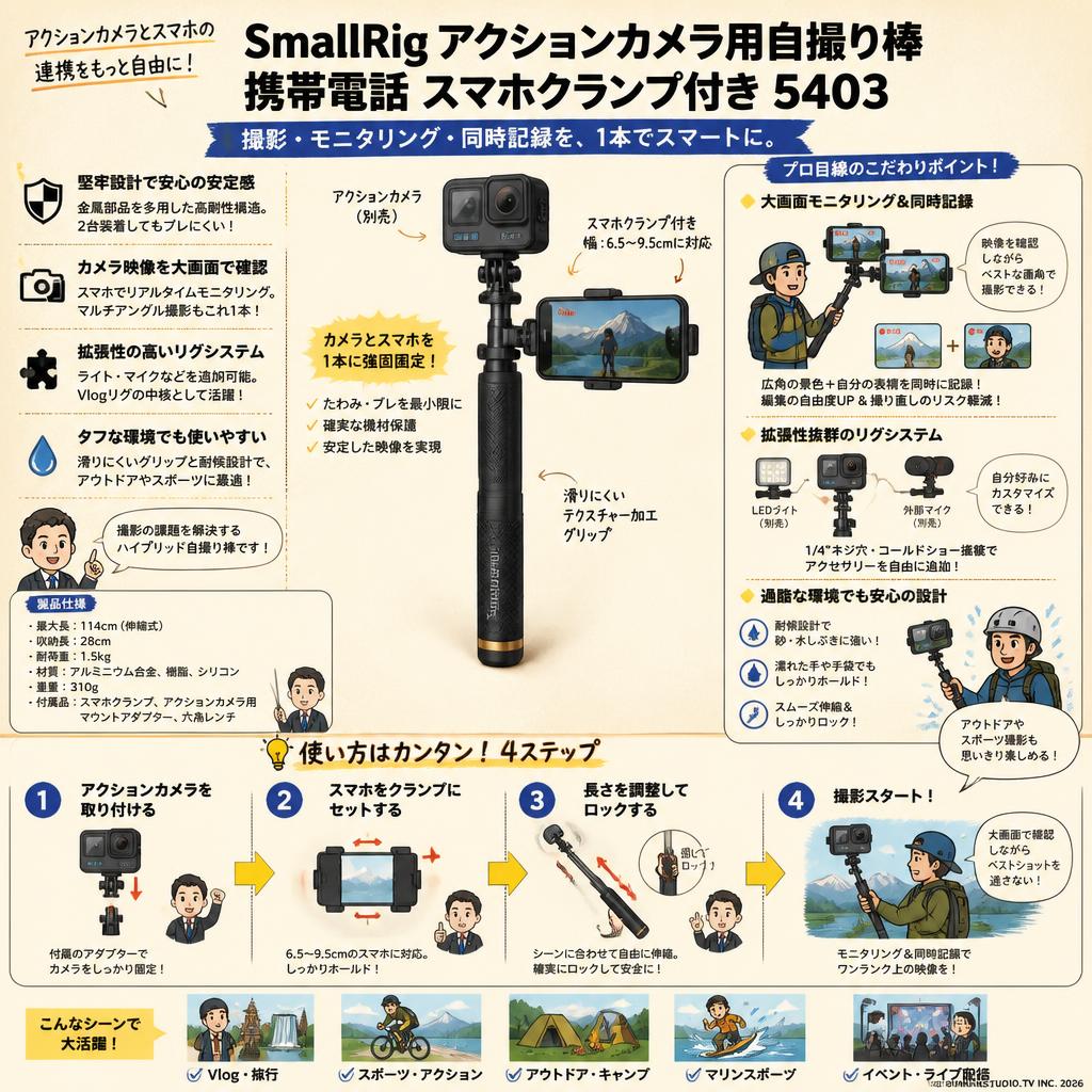 SmallRig アクションカメラ用自撮り棒 携帯電話 スマホクランプ付き 5403 概要