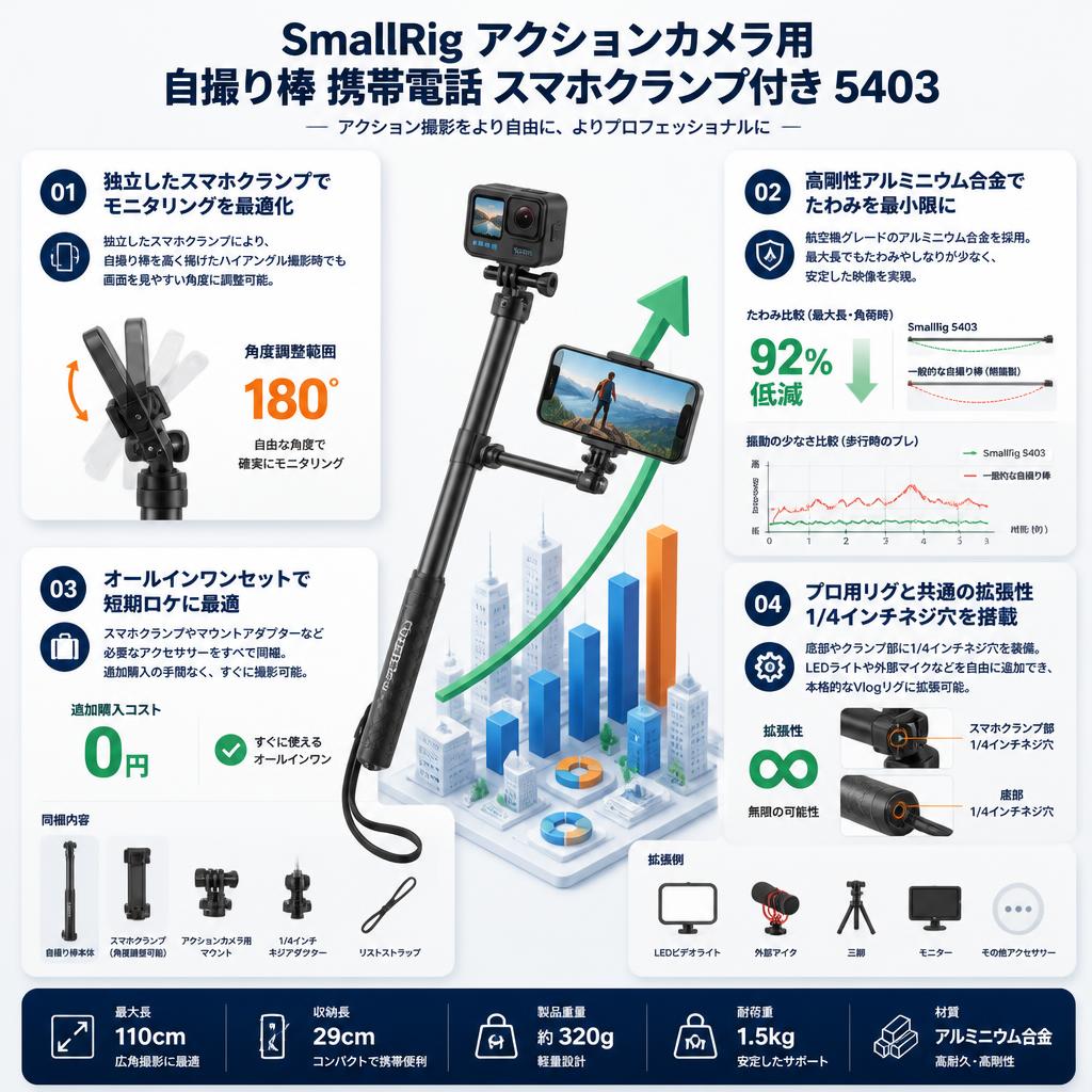 SmallRig アクションカメラ用自撮り棒 携帯電話 スマホクランプ付き 5403 セールスポイント