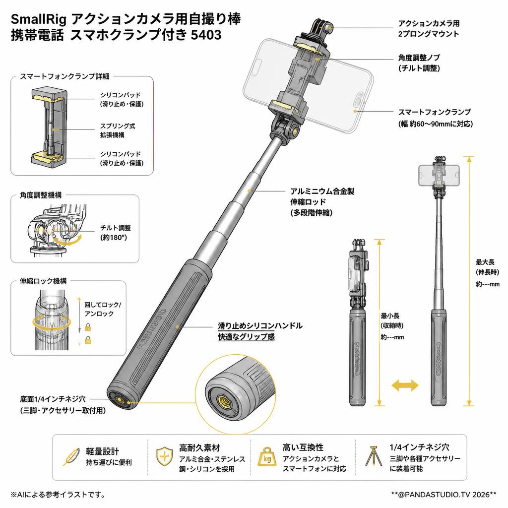 SmallRig アクションカメラ用自撮り棒 携帯電話 スマホクランプ付き 5403 スペック