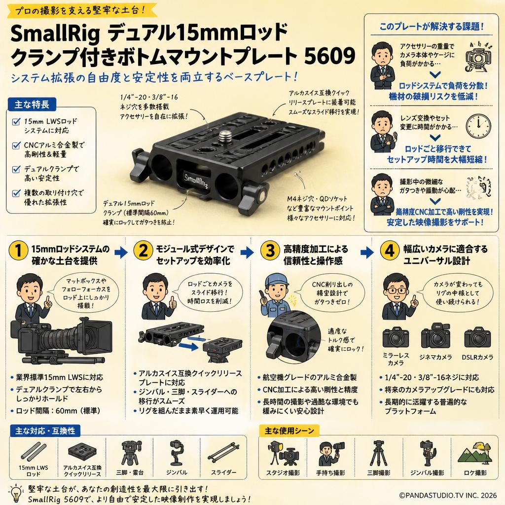 SmallRig デュアル15mmロッドクランプ付きボトムマウントプレート 5609 概要