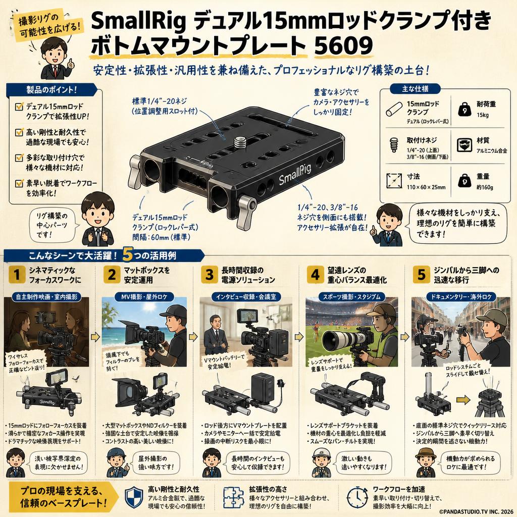 SmallRig デュアル15mmロッドクランプ付きボトムマウントプレート 5609 用途