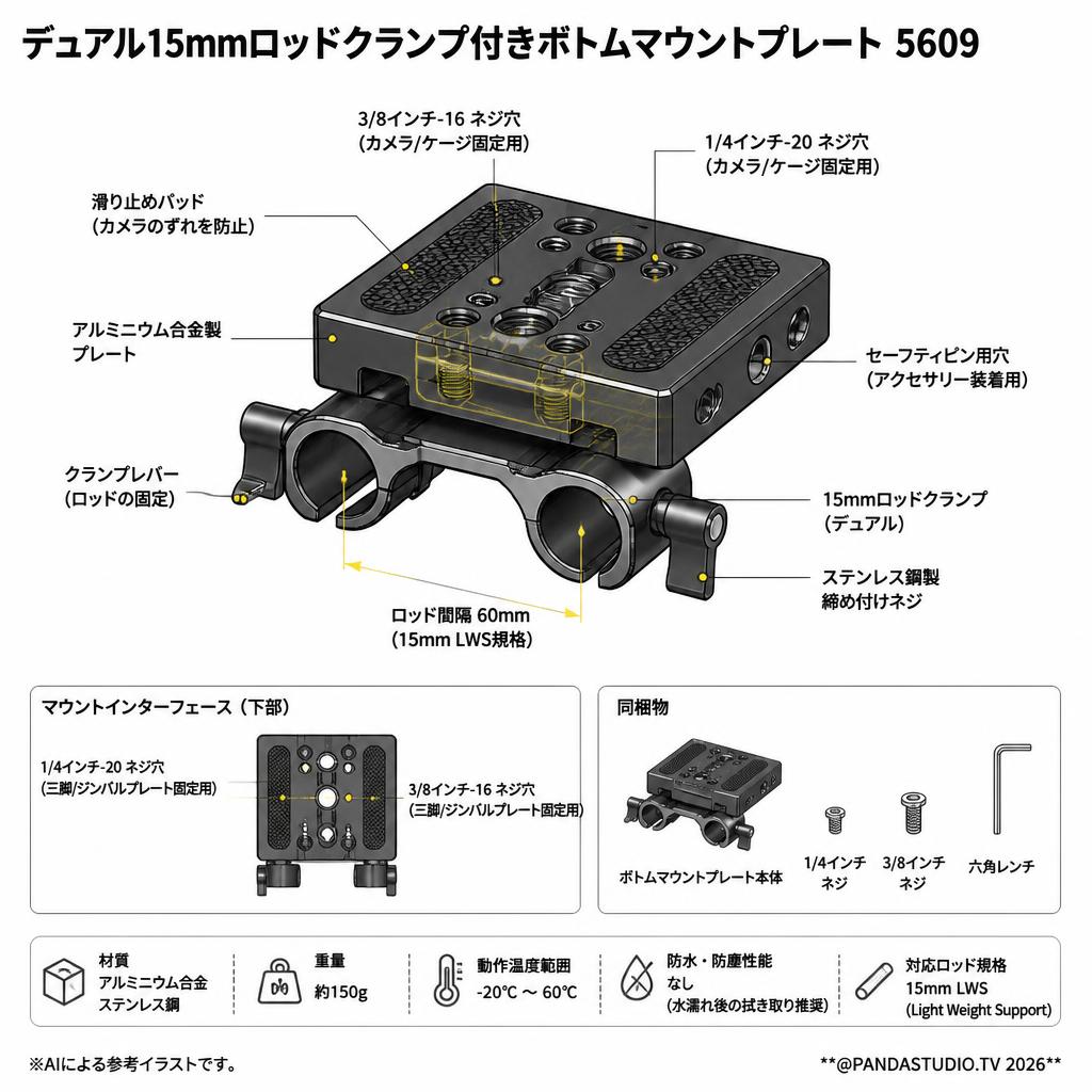 SmallRig デュアル15mmロッドクランプ付きボトムマウントプレート 5609 スペック