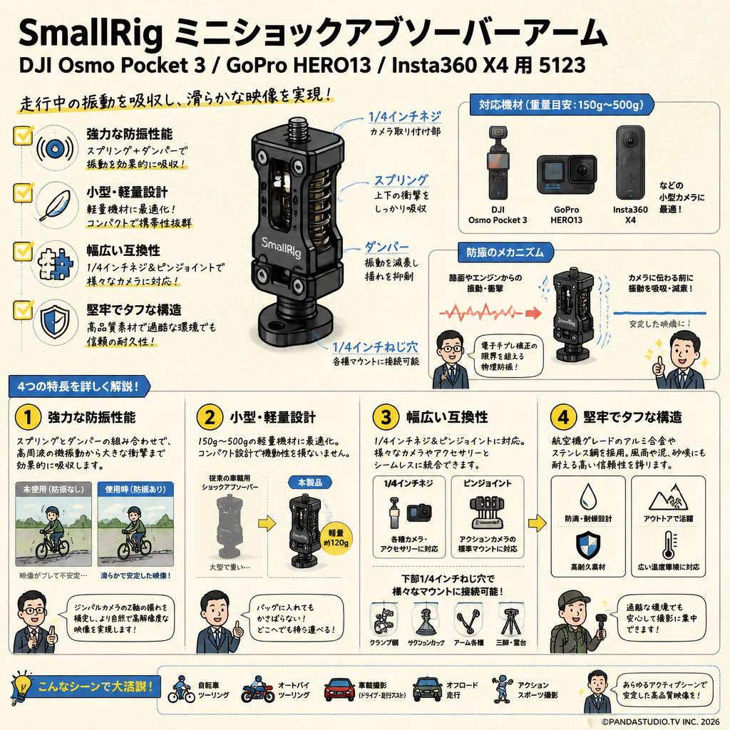 SmallRig ミニショックアブソーバーアーム DJI Osmo Pocket 3 / GoPro HERO13 / Insta360 X4 用 5123 概要