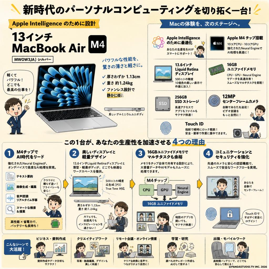 Apple 13インチMacBook Air M4 Apple Intelligence のために設計、13.6 インチ Liquid Retina ディスプレイ、16GBユニファイドメモリ、 256GB SSD ストレージ、12MP センターフレームカメラ、Touch ID - （MWOW3JA）シルバー 概要