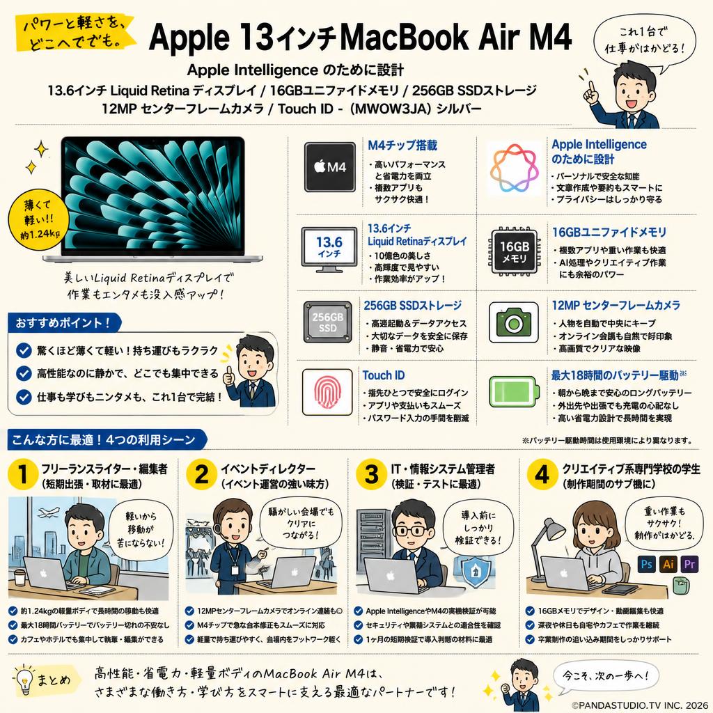 Apple 13インチMacBook Air M4 Apple Intelligence のために設計、13.6 インチ Liquid Retina ディスプレイ、16GBユニファイドメモリ、 256GB SSD ストレージ、12MP センターフレームカメラ、Touch ID - （MWOW3JA）シルバー おもな対象のお客様