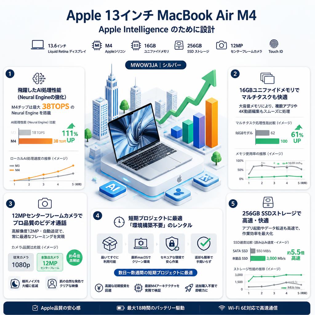 Apple 13インチMacBook Air M4 Apple Intelligence のために設計、13.6 インチ Liquid Retina ディスプレイ、16GBユニファイドメモリ、 256GB SSD ストレージ、12MP センターフレームカメラ、Touch ID - （MWOW3JA）シルバー セールスポイント