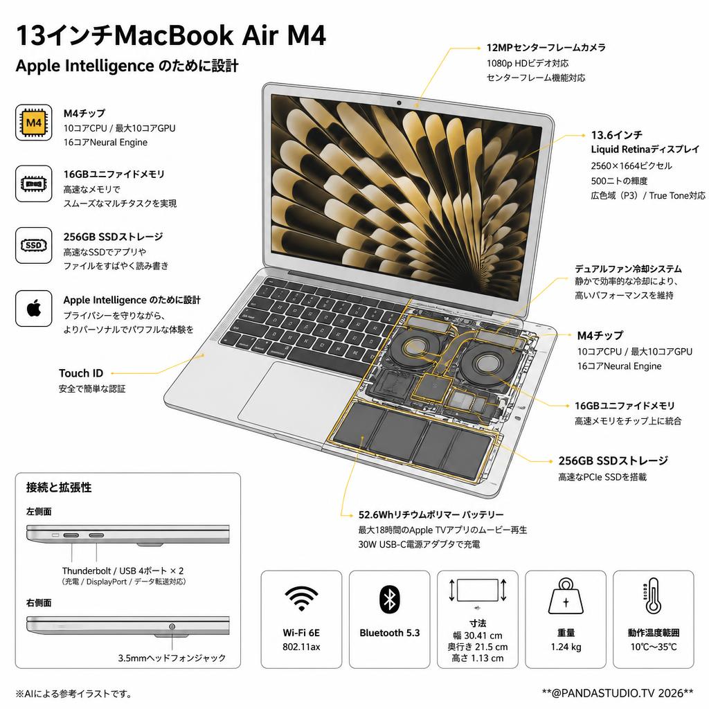 Apple 13インチMacBook Air M4 Apple Intelligence のために設計、13.6 インチ Liquid Retina ディスプレイ、16GBユニファイドメモリ、 256GB SSD ストレージ、12MP センターフレームカメラ、Touch ID - （MWOW3JA）シルバー スペック