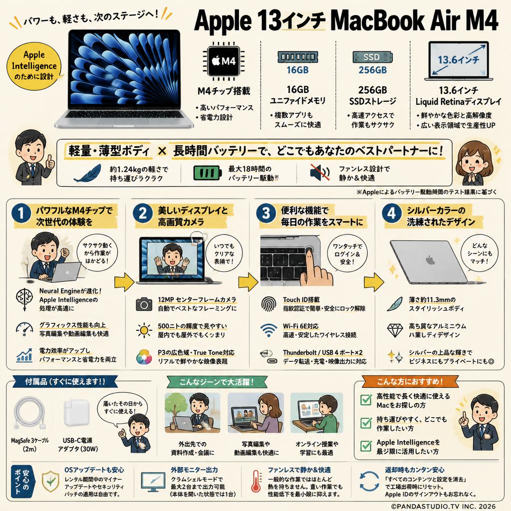 Apple 13インチMacBook Air M4 Apple Intelligence のために設計、13.6 インチ Liquid Retina ディスプレイ、16GBユニファイドメモリ、 256GB SSD ストレージ、12MP センターフレームカメラ、Touch ID - （MWOW3JA）シルバー FAQ（よくある質問と答え）