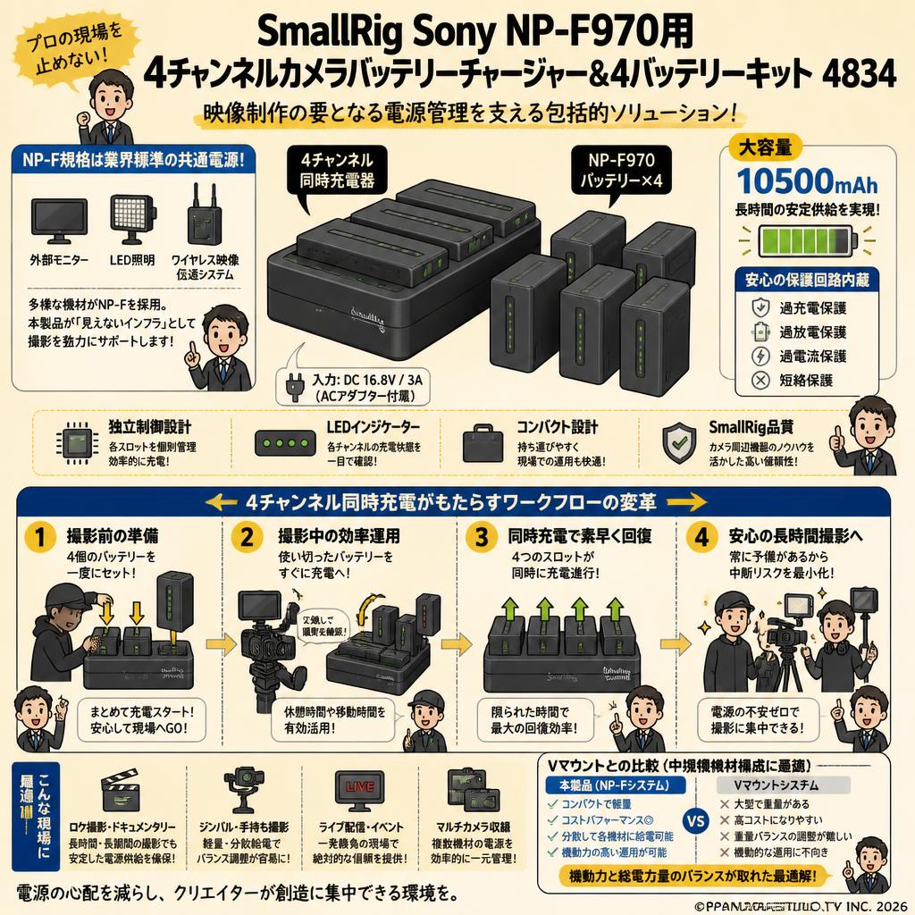 SmallRig Sony NP-F970用4チャンネルカメラバッテリーチャージャー＆4バッテリーキット 4834 概要
