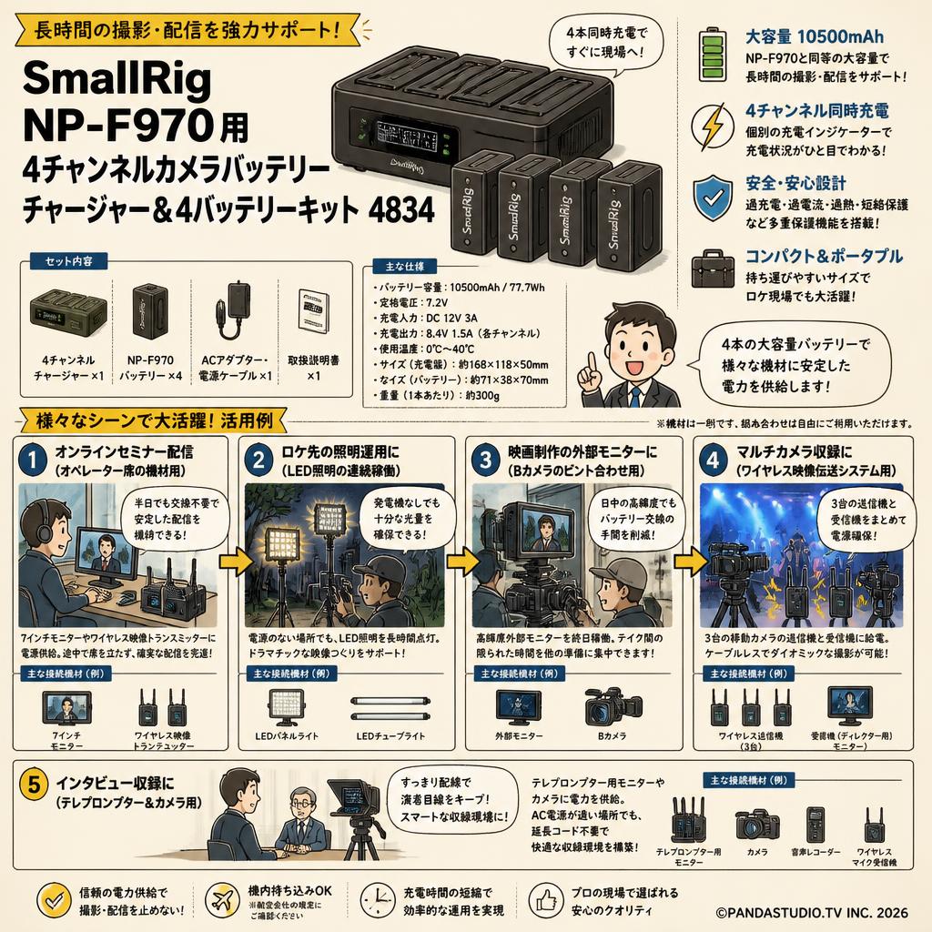 SmallRig Sony NP-F970用4チャンネルカメラバッテリーチャージャー＆4バッテリーキット 4834 用途