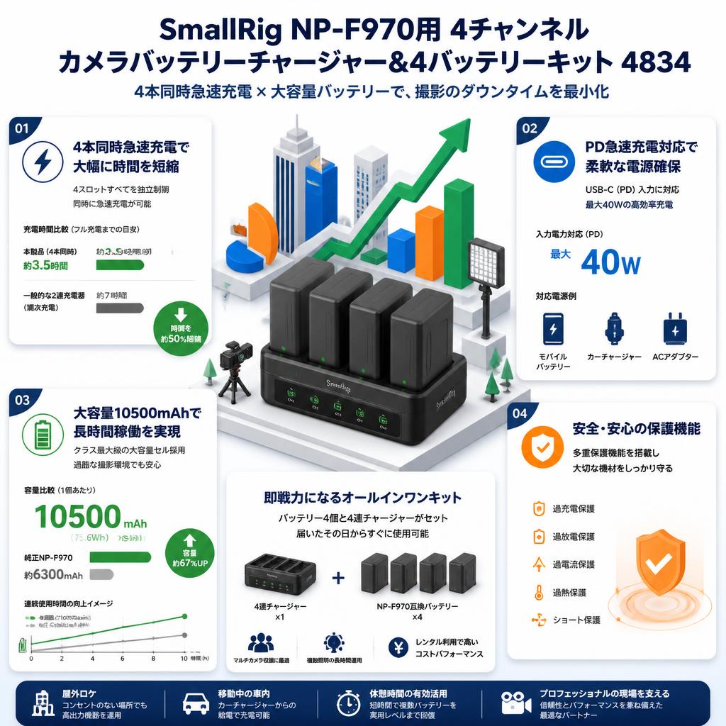 SmallRig Sony NP-F970用4チャンネルカメラバッテリーチャージャー＆4バッテリーキット 4834 セールスポイント